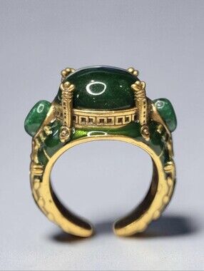 Unique 18k Gold Plated Ornate Egyptian Revival Emerald Enamel & Cabochon Ring